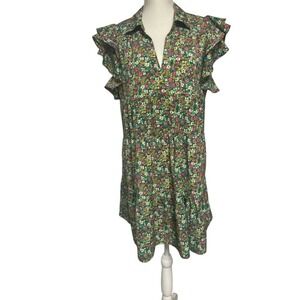 Umgee Green Floral Tiered Swing Ruffle Midi Dress Womens Medium